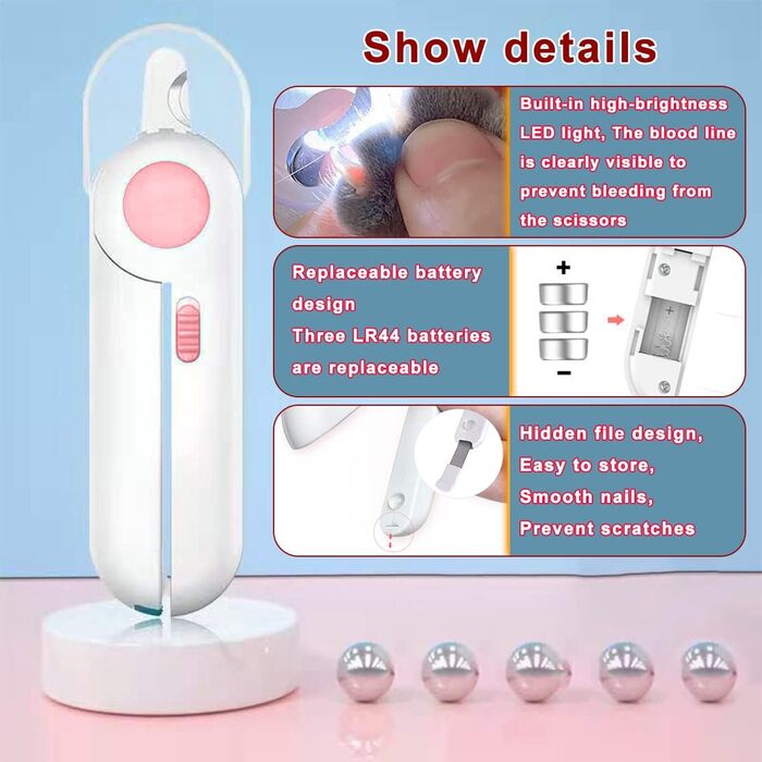 Ножиці для обрізання кігтів для собак і котів з LED-підсвічуванням, рожеві. Включає пилку для кігтів та захист від бризок. Підходить для середніх та маленьких тварин