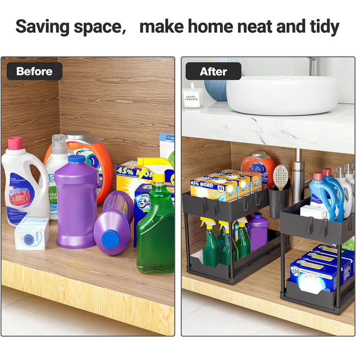 Puricon 2 Set Under Sink Shelf, Dish Cabinet Organizer, 2-Tier Stand Shelf Kitchen Countertop Organizer, Multifunctional Kitchen Shelf Spice Rack Under Sink Shelf Dish Cabinet Shelf - Black