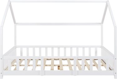 en.casa Kinderbett Sisimiut House Bed 140 x 200 cm with Side Rails, Wooden Bed for Children, Floor Bed, Slatted Frame, Pine Wood, Matt White, 140x200cm