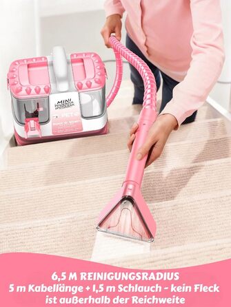 Портативний мийник для м'яких меблів 600W, 16Kpa, з розчином 500мл та 5 насадками. Для диванів, килимів, авто та сходин. Легкий та компактний, рожевий колір