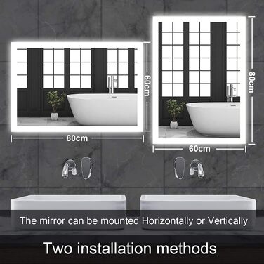 Дзеркало для ванної кімнати з підсвіткою 100x60 см, сенсорне керування, IP65, 3 кольори, функція пам'яті, HD скло, горизонтальне/вертикальне встановлення