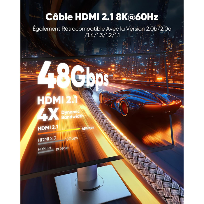 HDMI кабель SNOWKIDS 8K@60Hz 2M, HDMI 2.1, 48Gbit/s, 4K@120Hz, Dolby Vision, DTS:X, HDCP 2.2/2.3, HDR 10, eARC, HDR, сумісний з PS5, HDTV, проектором, PC, монітором, PS4
