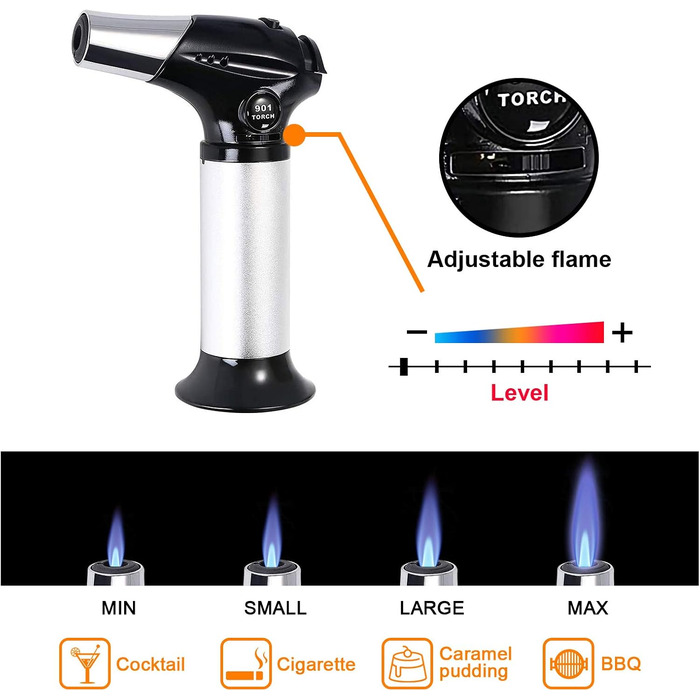 Газовий пальник Flintronic для крем-брюле, приготування їжі та барбекю, з 3-ма соплами, 2 щітками, блокуванням безпеки (Butan в комплекті не входить), сріблястий (#3 901-чорний)