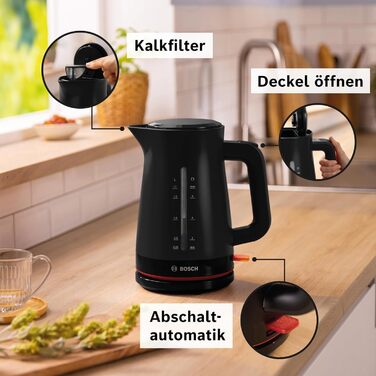 Електричний чайник Bosch MyMoment TWK3M123, 1.7 л, 2400 Вт, чорний матовий, з автовимкненням, захистом від перегріву та індикатором рівня води