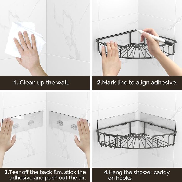 Orimade Corner Shower Shelf, Stainless Steel, Self-Adhesive Shower Shelf, No Drilling Required, for Bathroom, Home Decoration, Kitchen, 2 Pack, Grey