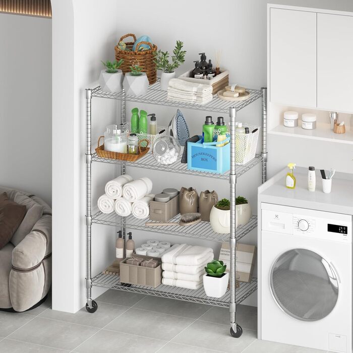 Adjustable 5-Tier Wire Shelving Unit with Wheels and Leveling Feet