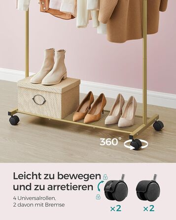 SONGMICS Clothes Rack, Rolling Garment Rack, Metal Clothes Stand, Rolling Wardrobe 91 cm wide, with Shelf, 2 Wheels with Brake, Rod Loadable up to 40 kg, Gold HSR025A01
