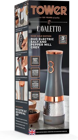 Електричні мельниці для солі та перцю Tower, працюють від батарейок, з регульованими керамічними жорнами, рожеві та рожеве золото T847004PNK (сірий)
