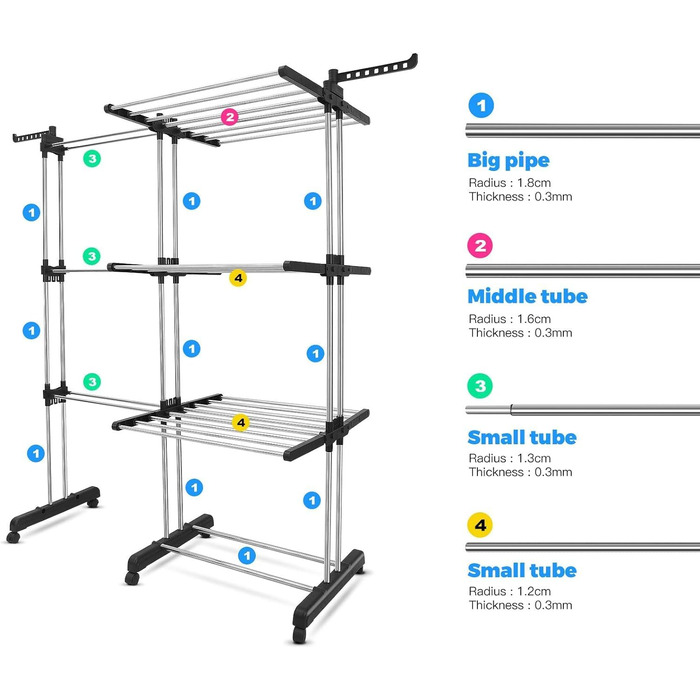 Висувна сушилка для білизни Turm з 6 розкладними крилами на 3 рівнях, стабільна, для дому та вулиці, 2-в-1