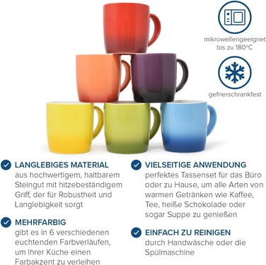 Joeji's Kitchen Colorful Coffee Cups, Set of 6 Stoneware Tea Cups - 350 ml to keep coffee, tea, hot chocolate, and other beverages hot or cold for longer.