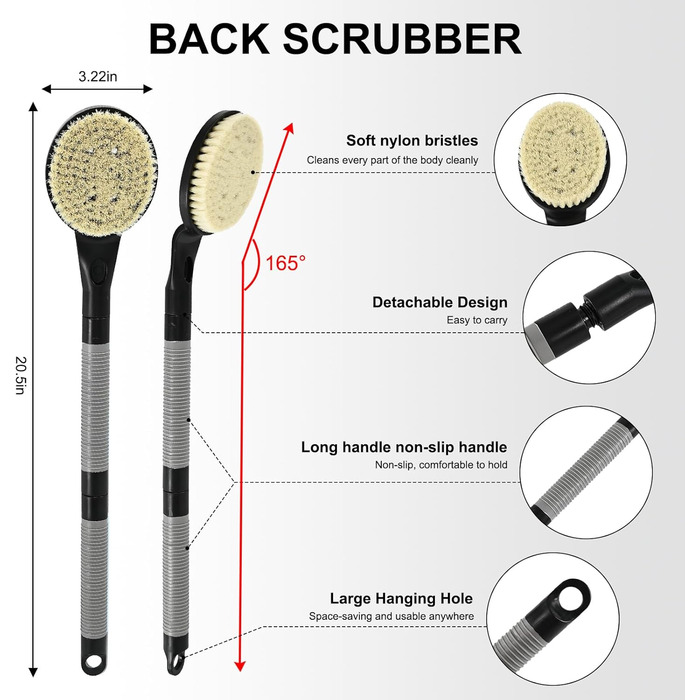 Щітка для спини з довгою ручкою для душу, 55,1 см, чорна. Ідеально для людей похилого віку та з обмеженою рухливістю рук. Для скрабу та здорової шкіри.