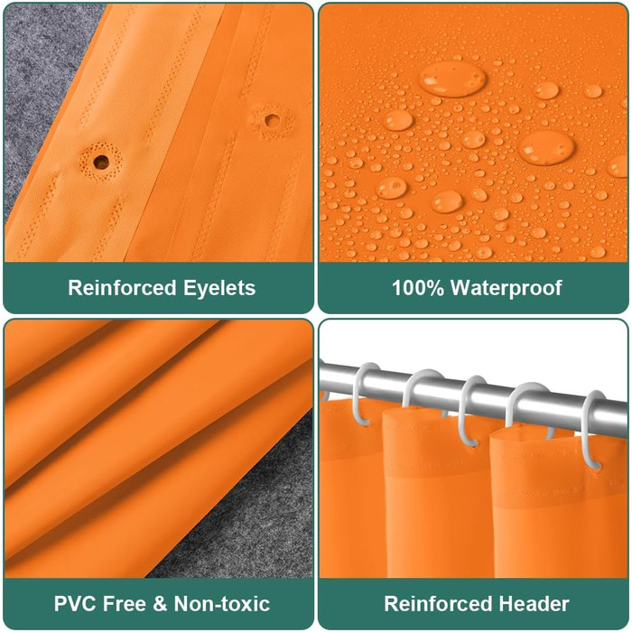 Шторка для душу URAQT, антибактеріальна, водонепроникна, швидковисихаюча, PEVA, 180x180 см, 12 прищіпок, білий/оранжевий