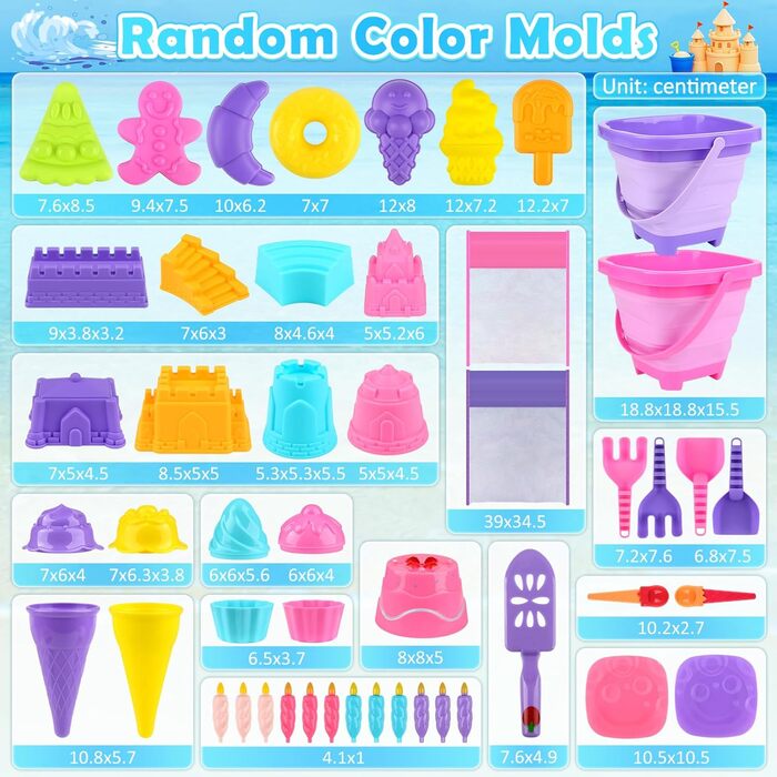 Joyreal 49 Pcs Sand Toy ICE Girl Boy - Sandbox Toys Beach Toys Children's Play Stable with Sand Shovel, Folding Bucket, Sand Molds, Mesh Bag Beach for Kids