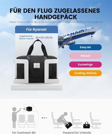 LOVEVOOK Сумка ручної поклажі Ryanair, 40x30x20 см, розширювана, для подорожей, зелена (чорна)