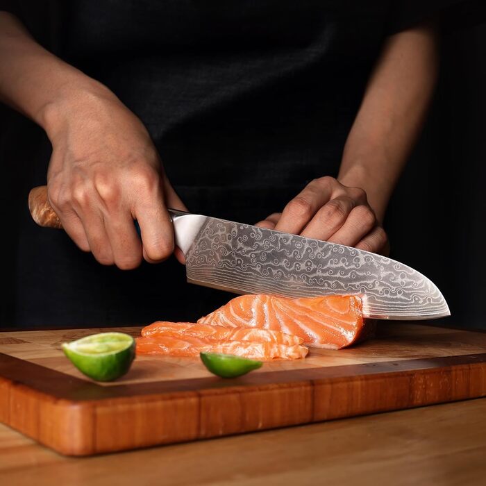 Японський ніж Hecef Damast з високоякісною ручкою з харчової смоли, 20 см. Професійний ніж для кухні з 67 шарів дамаської сталі, гострий, з захистом для леза. Ідеальний подарунок шеф-кухарю та поціновувачу кулінарії.
