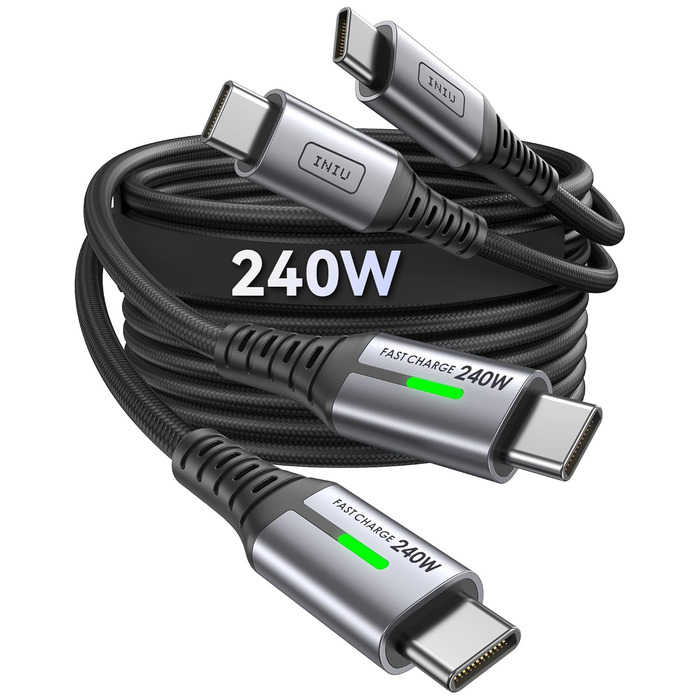 Кабель USB-C 240W, 2 шт. (2м) з LED-підсвічуванням, нейлон, для iPhone, Samsung, Pixel, iPad, MacBook.