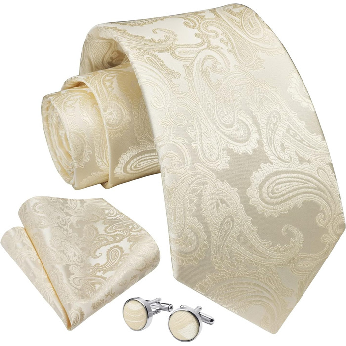 Краватка та нагрудна хустинка Enlision для весілля: шовковий комплект Paisley з латунними застібками для манжетів, бежевий/шампань