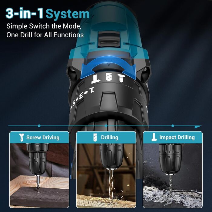 Акумуляторний шуруповерт MHPRO 21V з 2 акумуляторами 2.0Ah, 42Nm, 2 швидкості, 25+3 ступені крутного моменту, патрон 10 мм, LED-ліхтар, 14-ти елементний набір аксесуарів для дому, саду та DIY проектів (Блакитний 21V-1Akku)