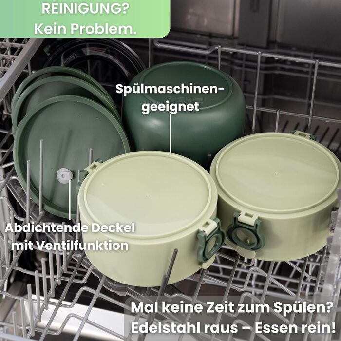 Бенто-бокс 'Elliot' 2400 мл, 3 секції з посудом, преміум нержавіюча сталь, зелений, без BPA, велика ланчбокс для дорослих, для Meal Prep, витримує мікрохвильову піч, не протікає
