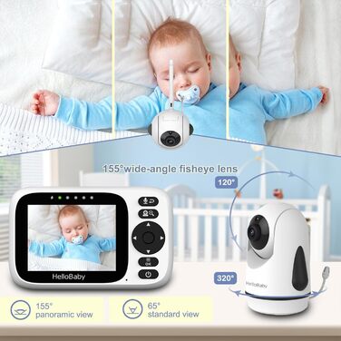 Дитячий відеоняня HelloBaby з камерою, поворотна, нахилена, з функцією зуму, 3.2'' IPS екран, 2-сторонній аудіо, інфрачервона нічна зйомка, ECO, без Wi-Fi, датчик температури, 8 колискових, HB6339