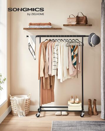 SONGMICS Heavy-Duty Clothes Rack, 2-Piece Set, Rolling Garment Rack, Holds up to 90 kg, with Extendable Closet Rod, Folding Base, Storage for Boxes, HSR013S02 (Black)