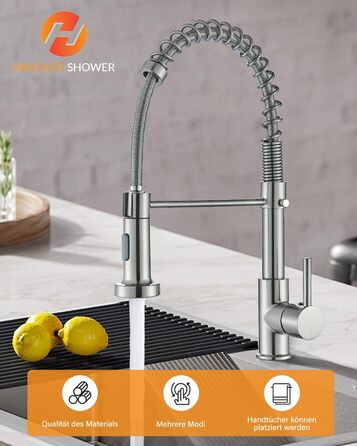 Кран кухонний Hbronzeshower з висувною лійкою, 360° обертання, нержавіюча сталь, щіткований нікель