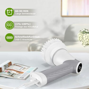 Електрична щітка для чищення, портативна, з обертанням, акумуляторна, 5 насадок, для миття дисків, плитки, ванної, кухні, підлоги, кутів, вікон та авто