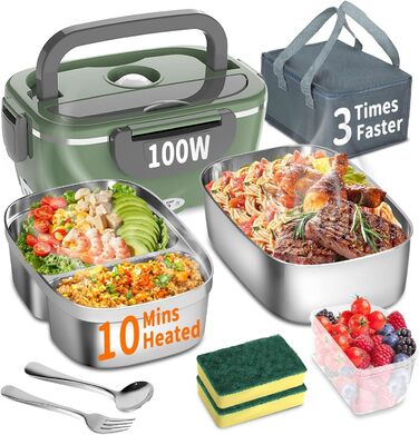 Electric Lunch Box 100W, 3-in-1 Portable Heated Lunch Box, Removable Stainless Steel Lunch Container, 12V/24V/220V Insulated Food Warmer for Car/Truck/Office, With Insulated Bag and Sponge (Green, 1.5 L)