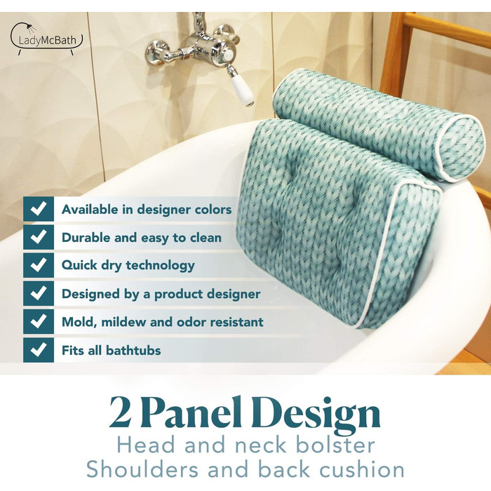 Lady McBath Bathtub Pillow – Luxury Bathtub Pillow for Tub, Neck and Back Support, Powerful Suction Cups, Machine Washable, Bathtub Accessory for Relaxation (Turquoise)