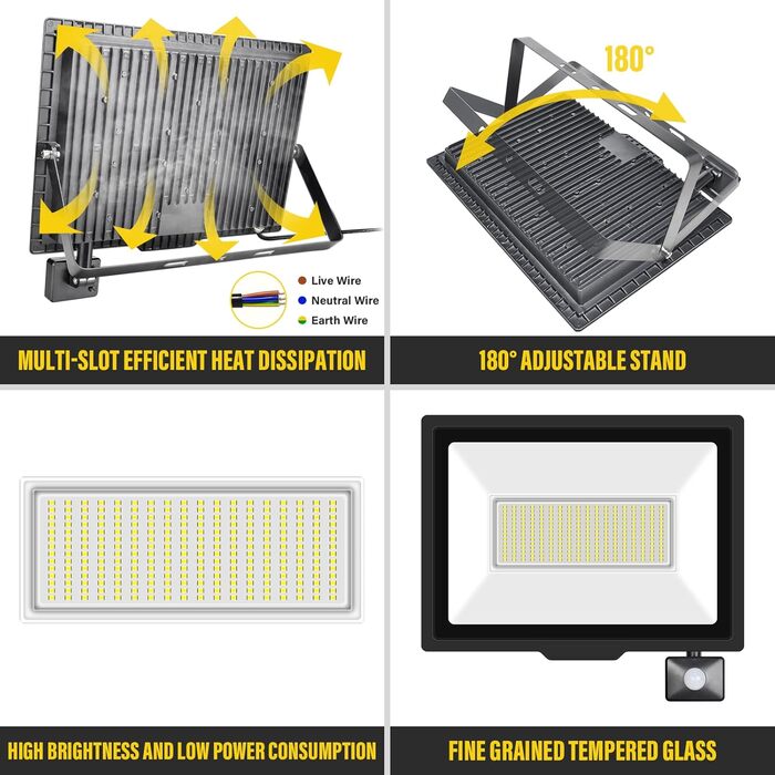 20000LM LED Spotlight Outdoor with Motion Sensor, LED Floodlight 6000K Cold White, IP66 Waterproof, LED Outdoor Spotlight Floodlight Floodlight for Garage, Hallway, Garden, Courtyards, Hotel, Sports Field (3500k Warm White, 200W)