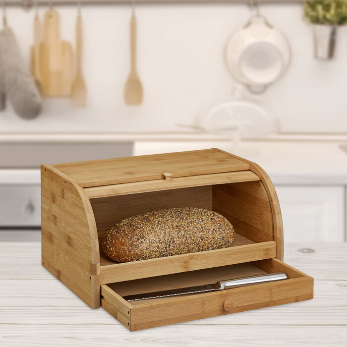 Relaxdays Roll Bread Box with Drawer, Bamboo