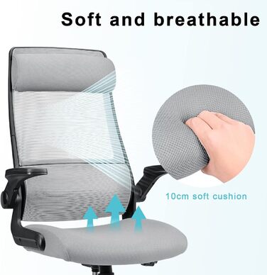 Ергономічне крісло для офісу з регульованою підголовником, сітчасте крісло для робочого столу, відкидні підлокітники, широке сидіння, функція гойдання, комп'ютерне крісло EN 1335, офісне крісло 200 кг, сіре та чорне