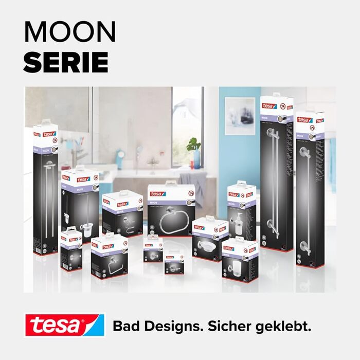 tesa Moon Soap Dish with Wall Holder, satin glass and chrome-plated stainless steel - for wall mounting without drilling, including adhesive solution - 110mm x 52mm x 130mm