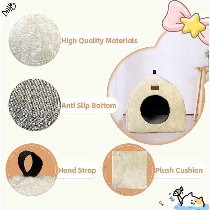 Кішка-будиночок для дому: затишна печерка з м'яким, пральним подушечкою. Розкладне ліжко для котів 40x40x35 см (Бежевий)