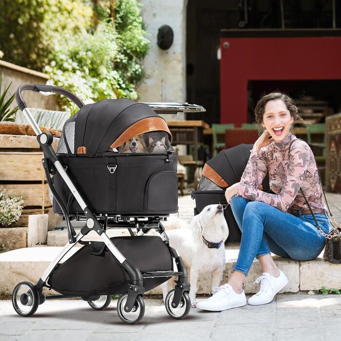 Візок для собак 3 в 1, до 15 кг, чорний. Розкладний візок для собак та котів з сумкою-переноскою та дощовиком. Підходить для маленьких та середніх порід.
