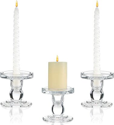 Glass Candle Holders for Pillar Candles/Taper Candles, Decorative Candle Stands, Set of 3, for Formal Events, Wedding, Church, Holiday Decorations, Table Decorations