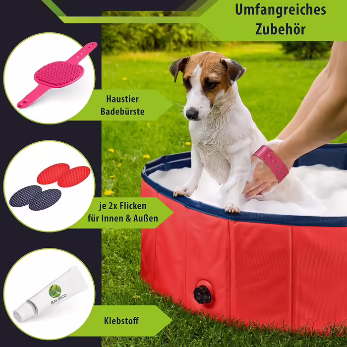 Stable Dog Pool | Splash Pool for Dogs | Foldable Pool with Drain Valve | Non-Slip Bathtub | Ball Pit for Kids | Ball Bath including Bath Brush & Repair Kit - Dog Pool 100x30 (Red)