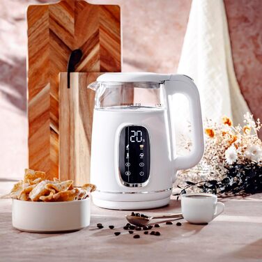 Електричний чайник Adler з регулюванням температури 2200W, 1.7L з LED-дисплеєм та сенсорною панеллю, 5 температурних програм, функцією підтримання тепла, з фільтром (Білий, Сріблястий)