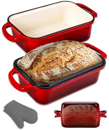 Форма для випічки хліба NutriChef чавунна емальована з кришкою 22.9 см, червона + рукавиці