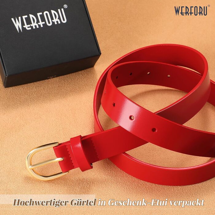 Жіночий шкіряний ремінь WERFORU для джинсів, спідниць та суконь з золотою пряжкою, червоний, довжина 110 см (85-97 см талія)