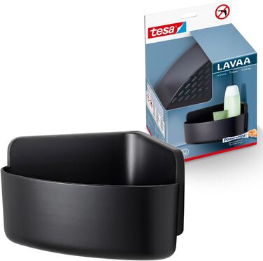 Полиця для душу tesa Lavaa S, кутова, чорна матова, настінна, без свердління, з водостійкими кріпленнями Powerstrips XL, 175x120x175 мм