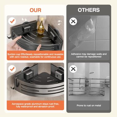 Поличка для душу Lekesky без свердління, кутова, з міцними присосками, алюміній, нержавіюча сталь, знімна, 2 шт., Gunmetal Grey