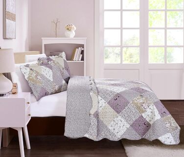 Комплект стеганих ковдр Brilliant Sunshine Grey Heart Love Patchwork (2 шт.) з чохлом для подушки, двостороння покривало, м'яка легка ковдра, всесезонна ковдра для двоспального ліжка (Фіолетовий)