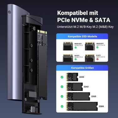 Зовнішній корпус для SSD UGREEN M.2 NVMe та SATA, USB 3.2 Gen 2, швидкість 10 Гбіт/с, алюмінієвий