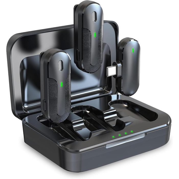 Technaxx Dual Wireless Mini Мікрофонний Набір TX-301 – 2 бездротові петличні мікрофони з шумозаглушенням, USB-C приймач, зарядний кейс, кліпса – для подкастів та запису звуку