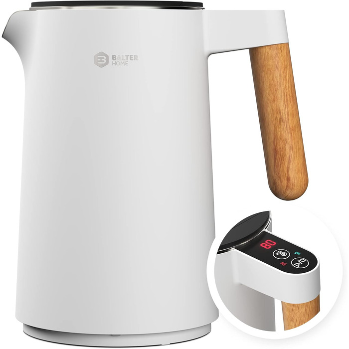 BALTER Stainless Steel Kettle with Temperature Setting, 45°C-100°C, Double-Walled, BPA-Free, Quiet & Cordless, Keep-Warm Function, Tea Kettle with Temperature Display, 1.5L, 2200W, Black (White)