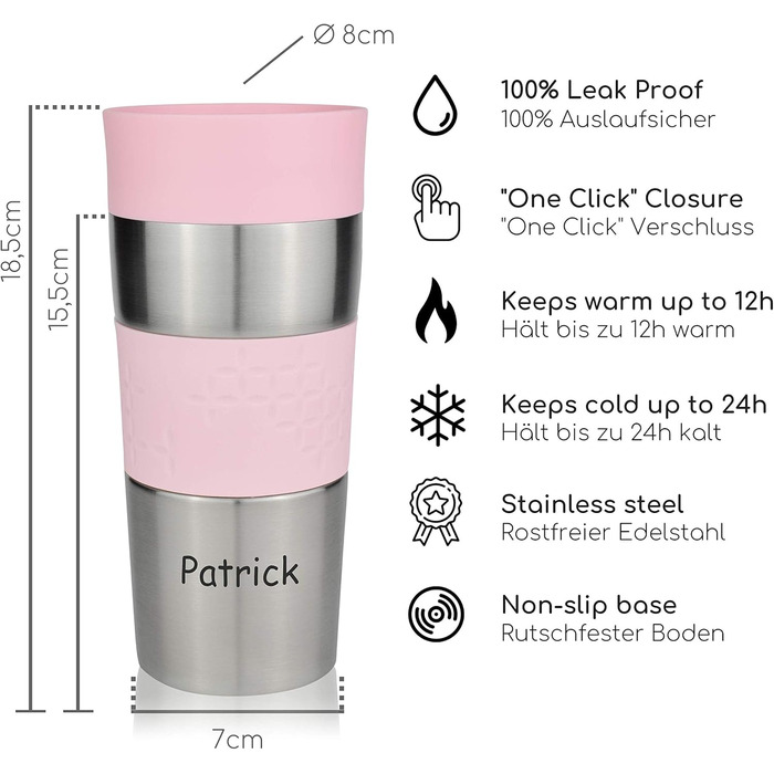 Термокружка Milu 450 мл - ізольована чашка для кави, 100% захист від протікання, сталева термокружка, автотермокружка з подвійними стінками, термокружка, термокружка для подорожей (350 мл (+гравіювання), рожева)
