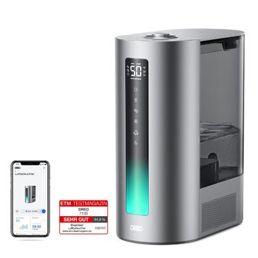 Зволожувач повітря Dreo 6л Smart для великих кімнат, теплий/холодний пар, 60 год роботи, сенсор вологості, аромадифузор, сумісний з Alexa, сріблястий