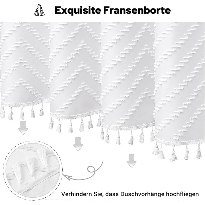 Штора для душу BTTN 180x200 см, бохо-стиль, бежева з пензликами, водонепроникна, з 12 гачками