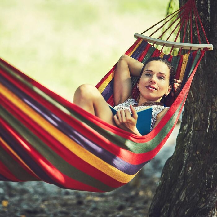 Гамак садовий ANYOO з дерев'яною перекладиною, червоний - зручний гамак для тераси, саду, пляжу